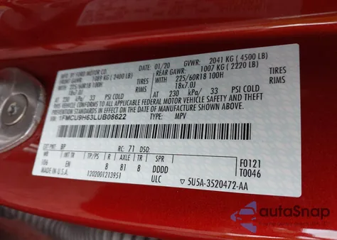 2020 Ford Escape Sel из США, поврежденный, VIN 1FMCU9H63LUB08622